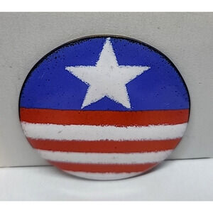Handcrafted Round Disc Copper Enamel Art Red White Blue Stripes Patriotic 2.25"